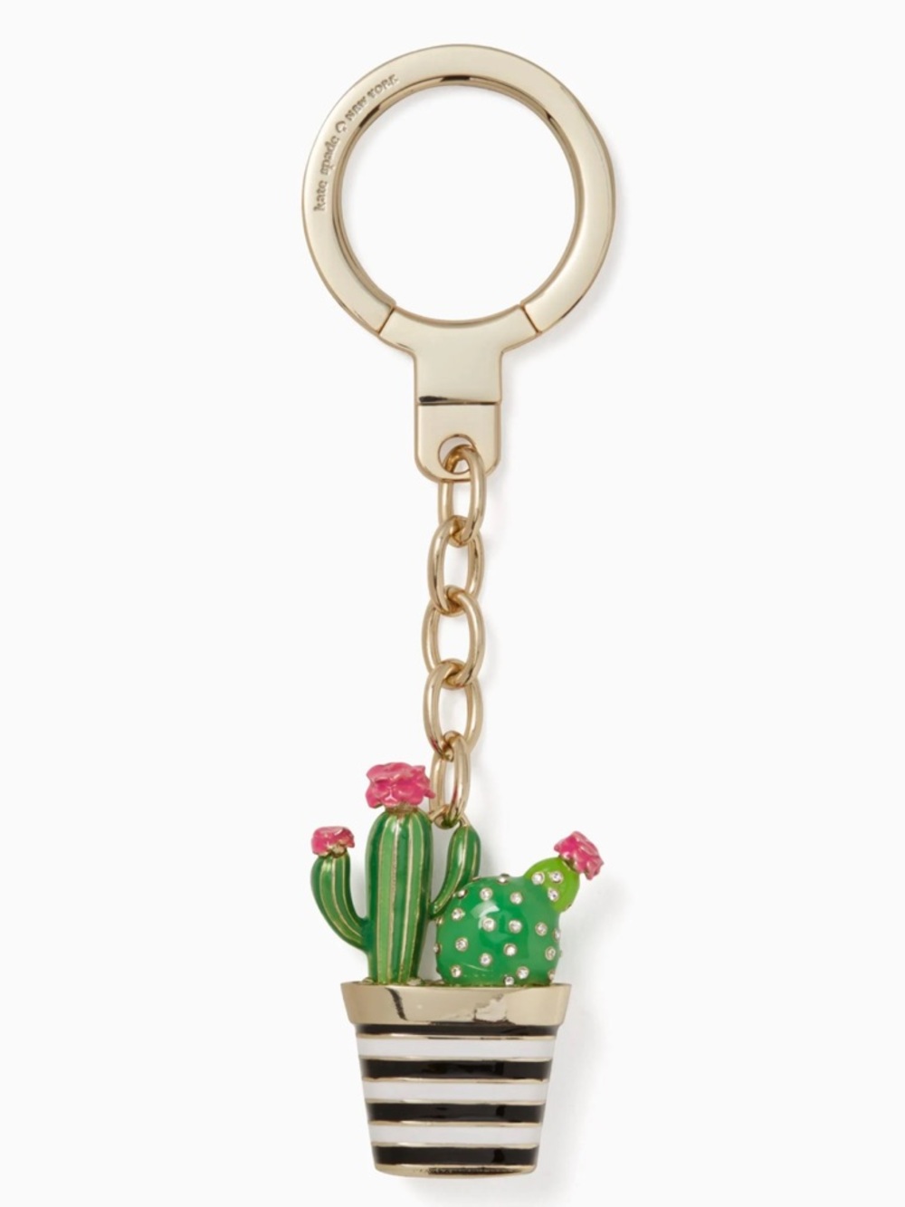 kate spade Gold & Green Cactus in Striped Pot Keychain